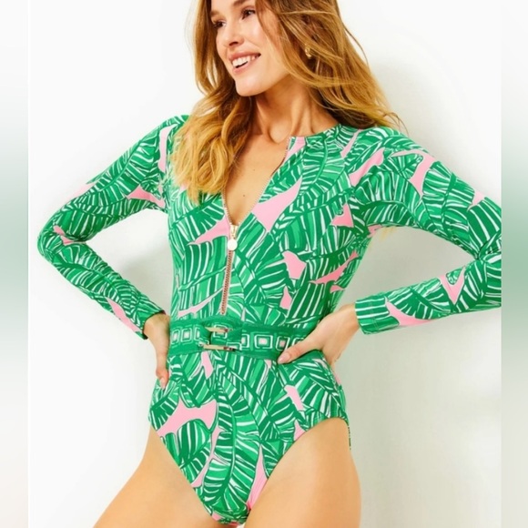 Tropical Leaf Print Long Sleeve Swimsuit - Picture 1 of 7
